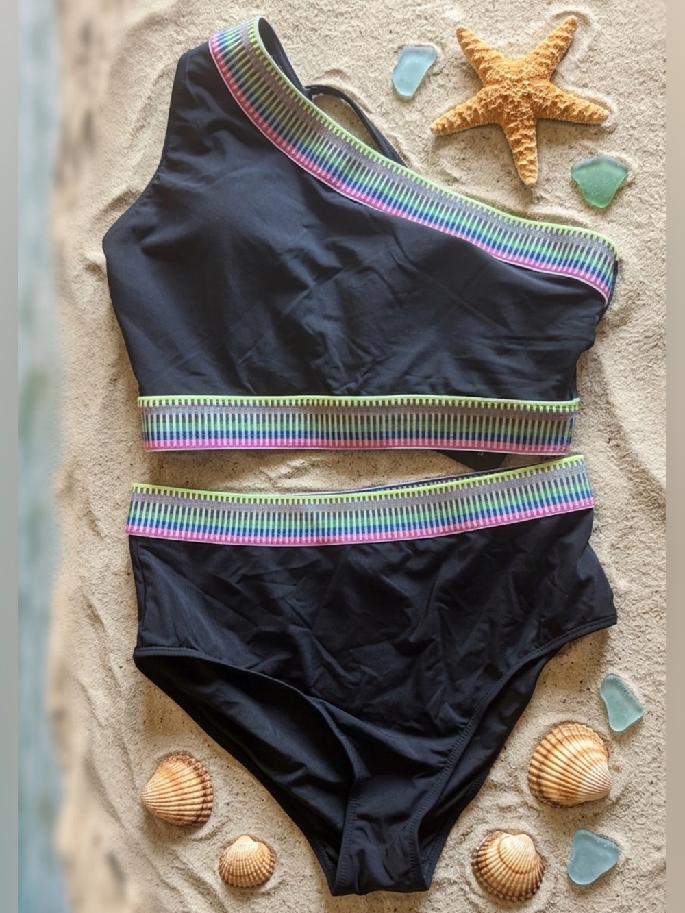 Tempt Me One-Shoulder Bikini Set M Rainbow Trim Bikini NWT Resort Cruise Beach